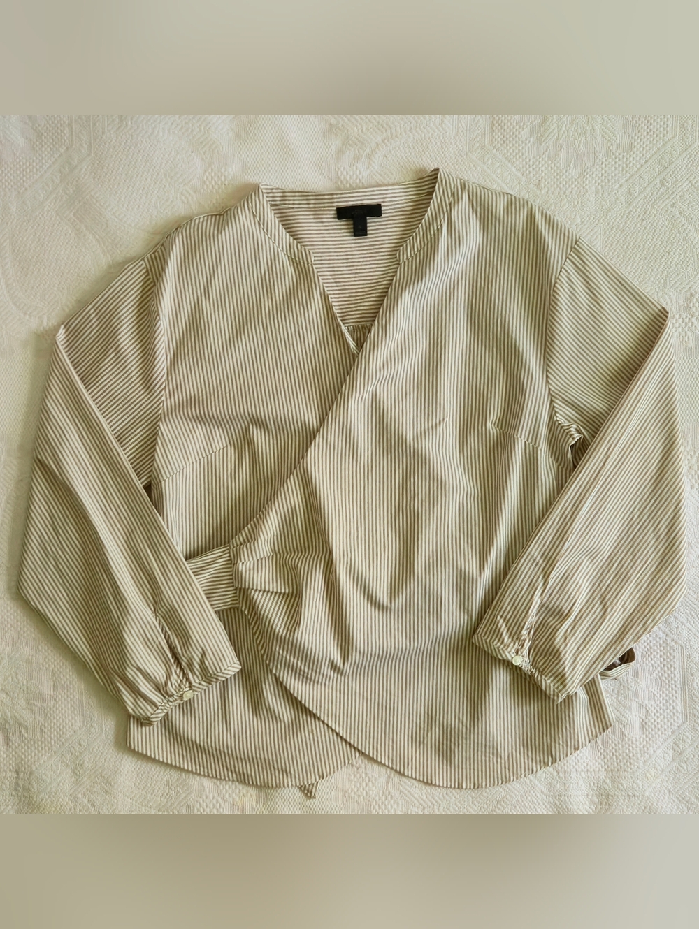 J. Crew Cream Beige Striped Wrap-Front Cotton Blouse 3/4 sleeves Summer Size XL
